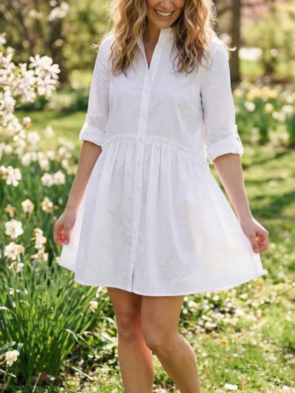 Taylor Tillman New York White Button-Front Mini Dress with Gathered Waist